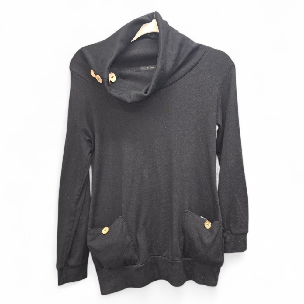 Black Cowl Neck Pullover Top Medium‎ Button Detail Pocket Sweatshirt Comfy Chic